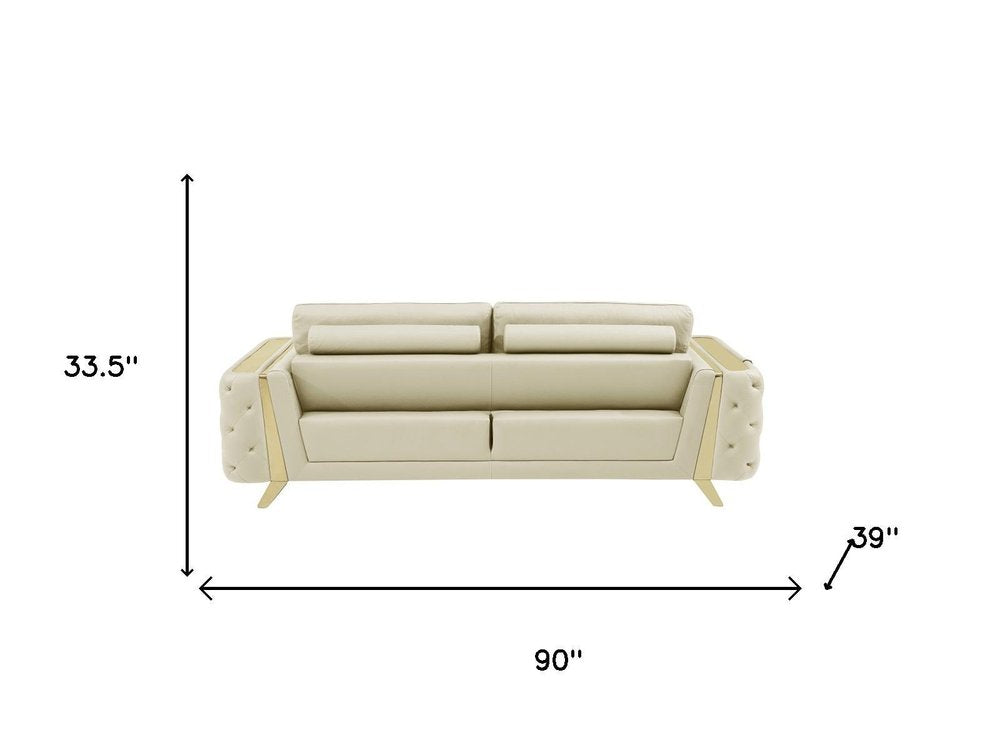 Two Piece Indoor Beige Italian Leather Five Person Seating Set
