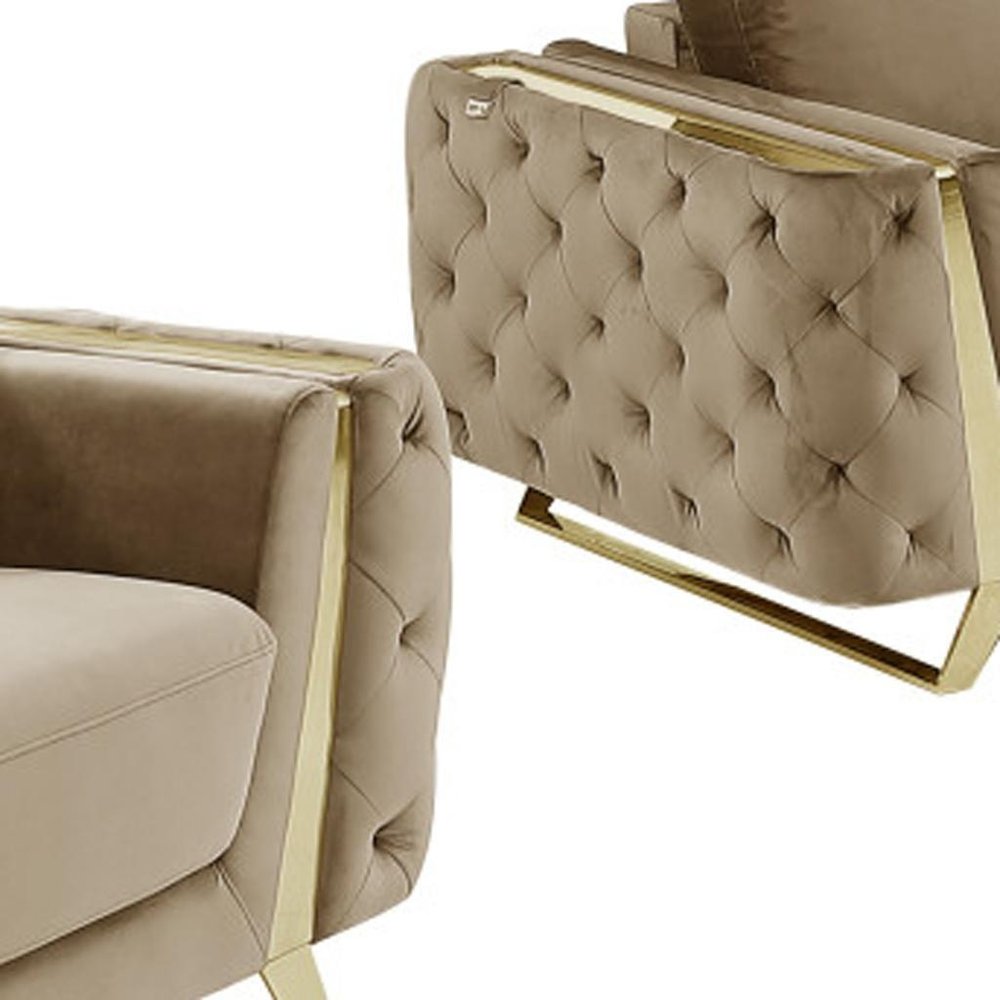 Three Piece Indoor Beige Velvet Six Person Seating Set