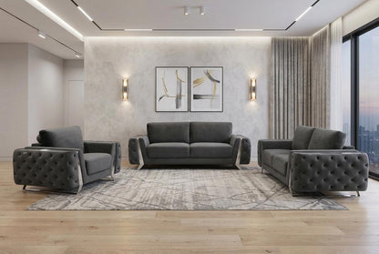 Three Piece Indoor Dark Gray Velvet Six Person Seating Set