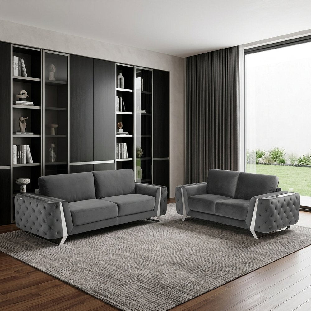 Two Piece Indoor Dark Gray Italian Leather Five Person Seating Set