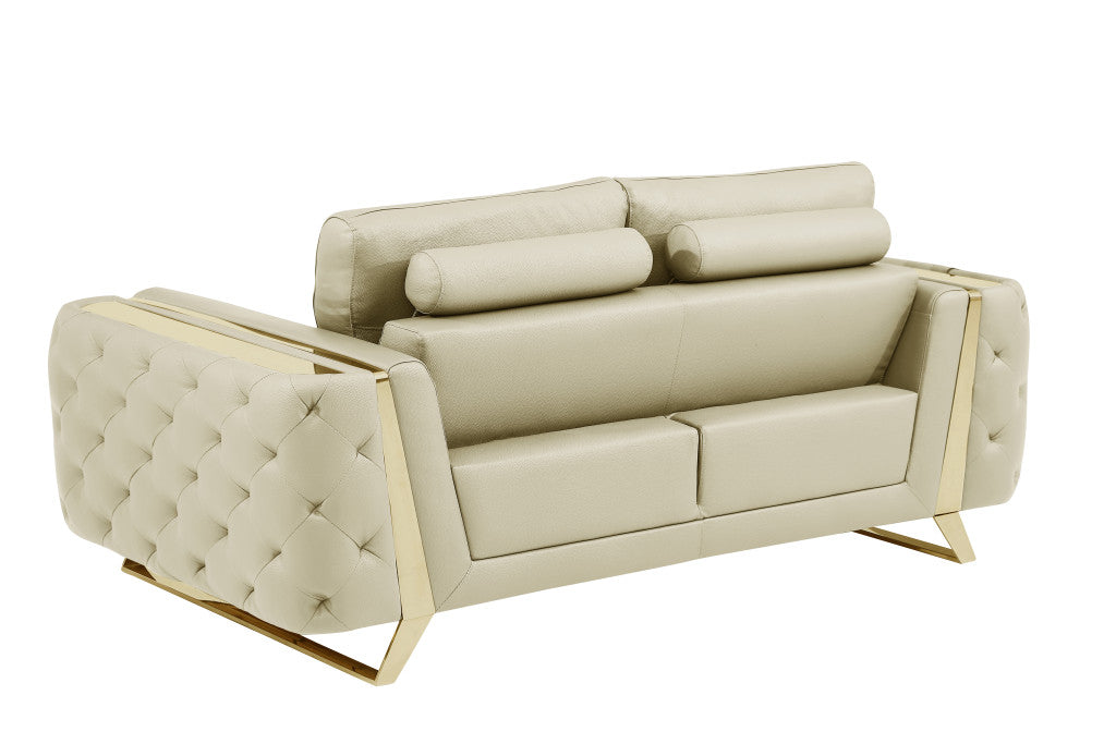 72" Beige And Gold Genuine Leather Loveseat