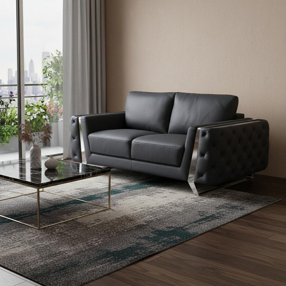 72" Dark Gray And Silver Genuine Leather Loveseat