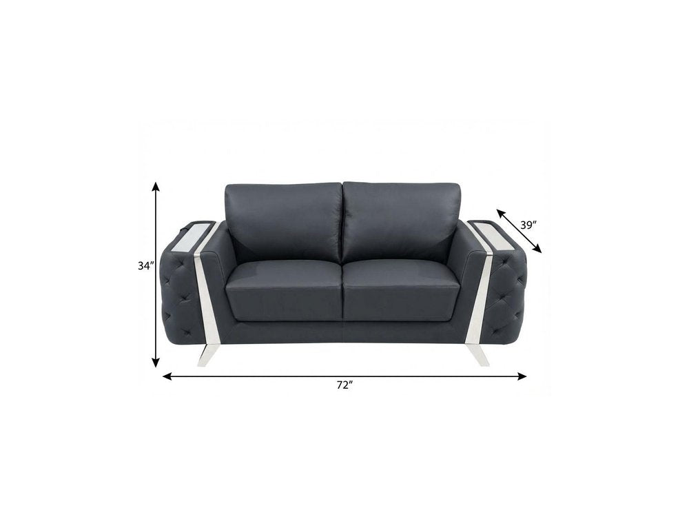 72" Dark Gray And Silver Genuine Leather Loveseat