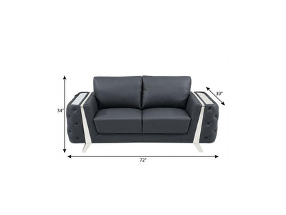 72" Dark Gray And Silver Genuine Leather Loveseat