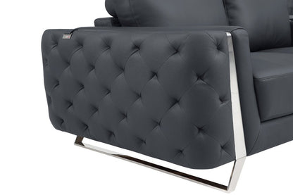 50" Dark Gray And Silver Faux Leather Tufted Club Chair
