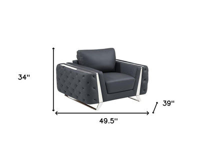 50" Dark Gray And Silver Faux Leather Tufted Club Chair