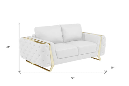 72" White And Gold Genuine Leather Loveseat