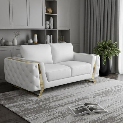 72" White And Gold Genuine Leather Loveseat