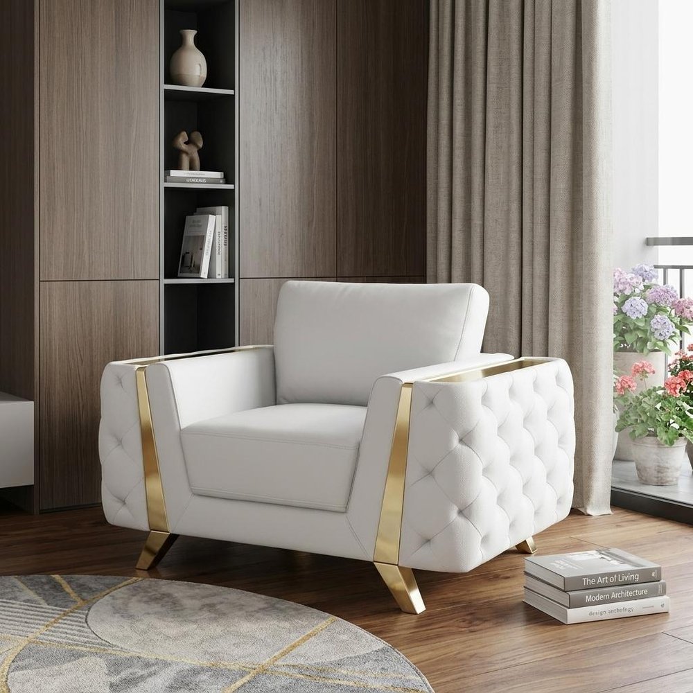 50" White And Gold Genuine Leather Club Chair