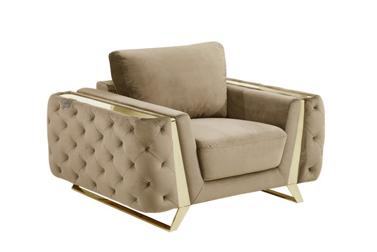 50" Beige And Gold Velvet Tufted Club Chair