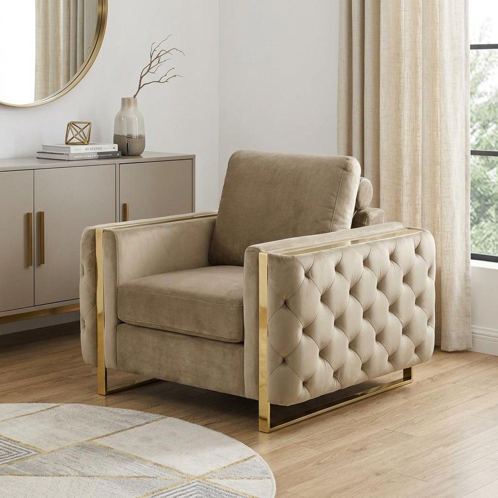 50" Beige And Gold Velvet Tufted Club Chair