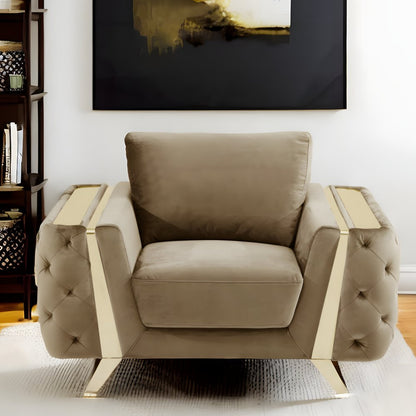50" Beige And Gold Velvet Tufted Club Chair
