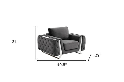 50" Dark Gray And Silver Velvet Tufted Club Chair