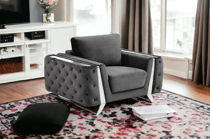 50" Dark Gray And Silver Velvet Tufted Club Chair