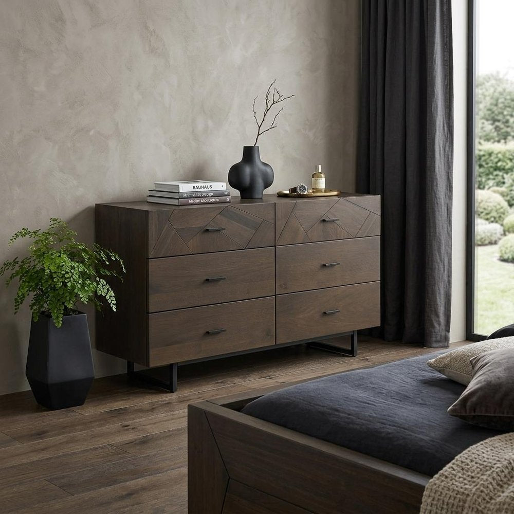 60" Dark Brown Solid Wood Six Drawer Double Dresser