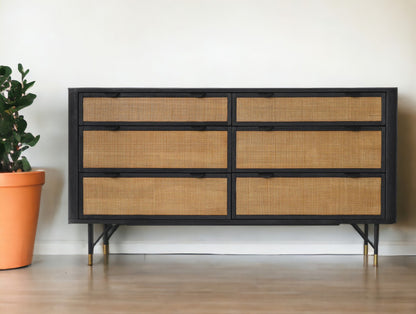 61" Natural and Black Solid Wood Six Drawer Double Dresser