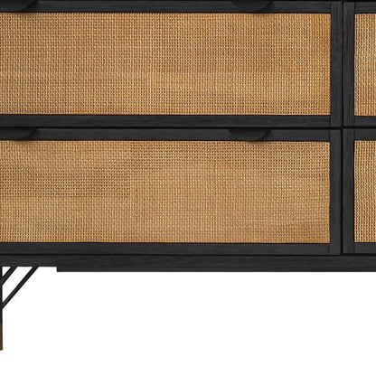 61" Black And Natural Solid Wood Six Drawer Double Dresser