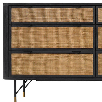 61" Black And Natural Solid Wood Six Drawer Double Dresser