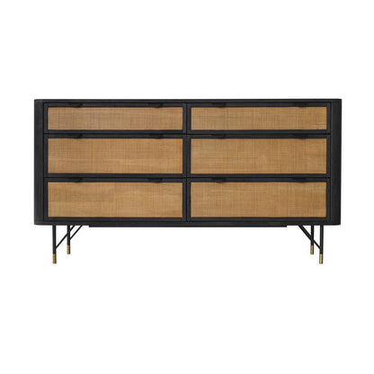 61" Black And Natural Solid Wood Six Drawer Double Dresser