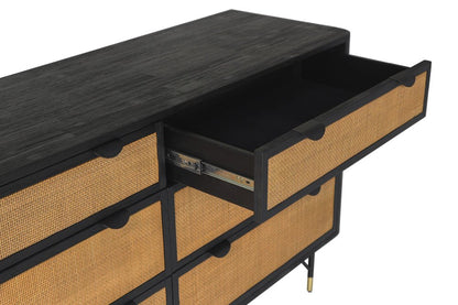 61" Black And Natural Solid Wood Six Drawer Double Dresser