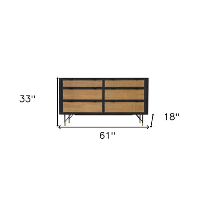 61" Black And Natural Solid Wood Six Drawer Double Dresser