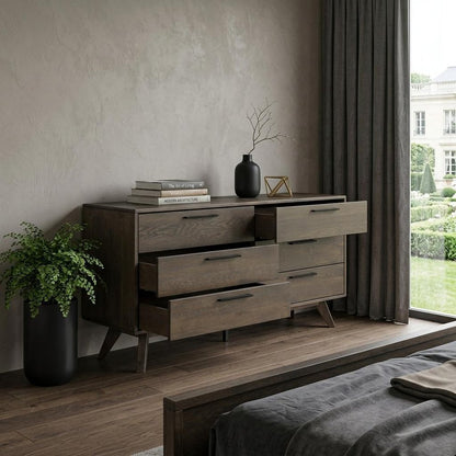 63" Dark Brown Solid Wood Six Drawer Double Dresser