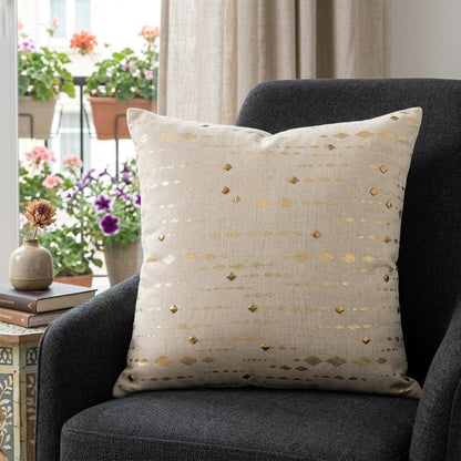 20" Gold and Ivory Cotton Pillow With Beads Edges