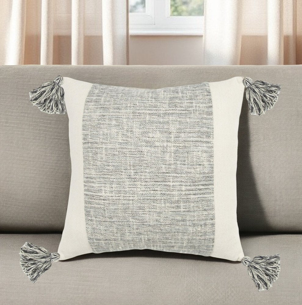 20" Gray and Ivory Cotton Pillow With Tassels Edges