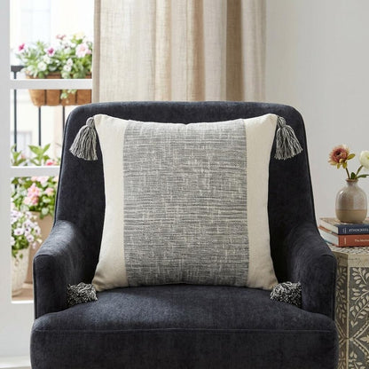 20" Gray and Ivory Cotton Pillow With Tassels Edges
