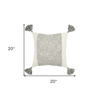 20" Gray and Ivory Cotton Pillow With Tassels Edges