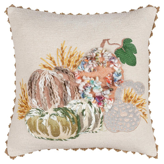 20" Beige And Green Pumpkins Cotton Throw Pillow with Embroidery And Texture