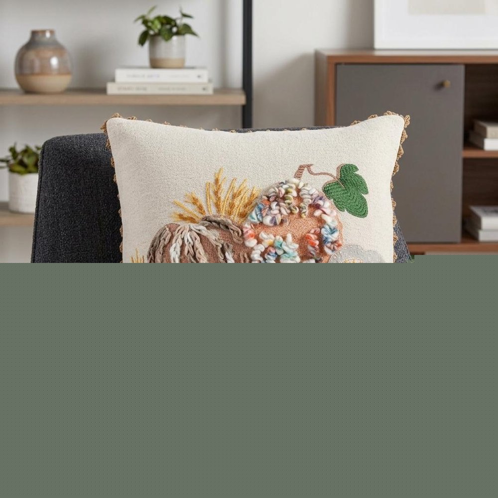 20" Beige And Green Pumpkins Cotton Throw Pillow with Embroidery And Texture
