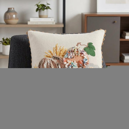 20" Beige And Green Pumpkins Cotton Throw Pillow with Embroidery And Texture