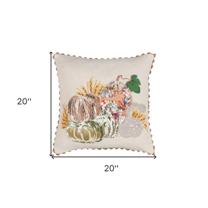 20" Beige and Green Thanksgiving Cotton Pillow With Applique, Embroidery Edges