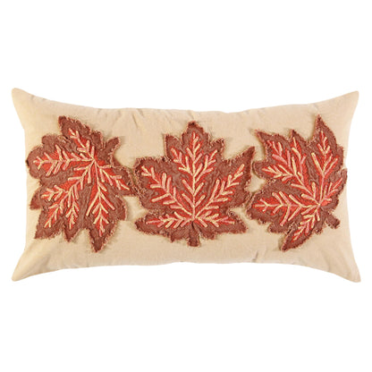 14" X 26" Beige and Brown Autumn Leaves Throw Pillow With Applique And Embroidery