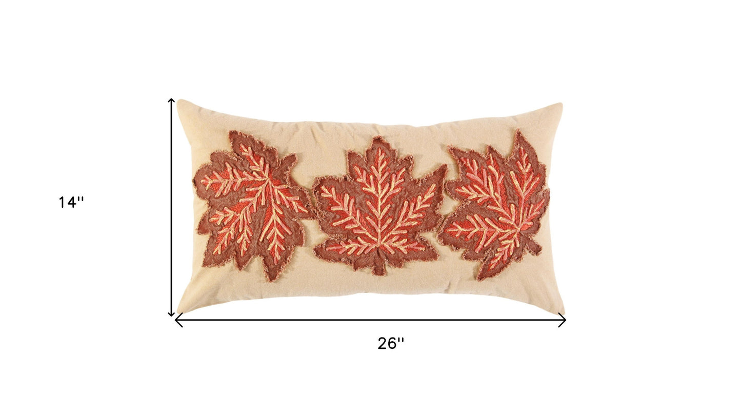 14" X 26" Beige and Brown Autumn Leaves Throw Pillow With Applique And Embroidery