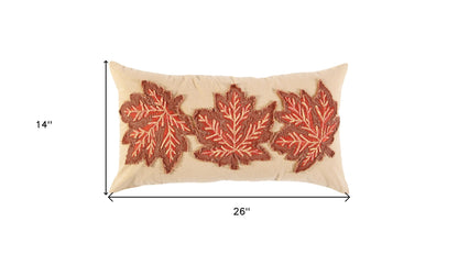 14" X 26" Beige and Brown Autumn Leaves Throw Pillow With Applique And Embroidery