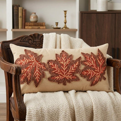 14" X 26" Beige and Brown Autumn Leaves Throw Pillow With Applique And Embroidery