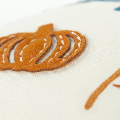 20" Ivory Blue And Orange Autumn Leaves and Pumpkin Please Throw Pillow With Applique And Embroidery