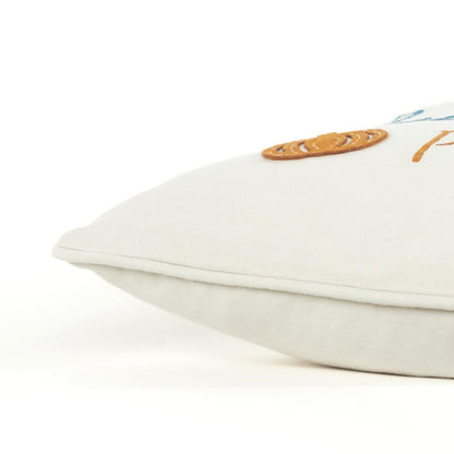 20" Ivory Blue And Orange Autumn Leaves and Pumpkin Please Throw Pillow With Applique And Embroidery