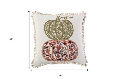 18" Ivory Green and Red Thanksgiving Cotton Pillow With Applique, Embroidery Edges