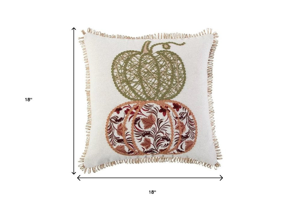 18" Ivory Green And Red Cotton Pumpkins Throw Pillow with Embroidery
