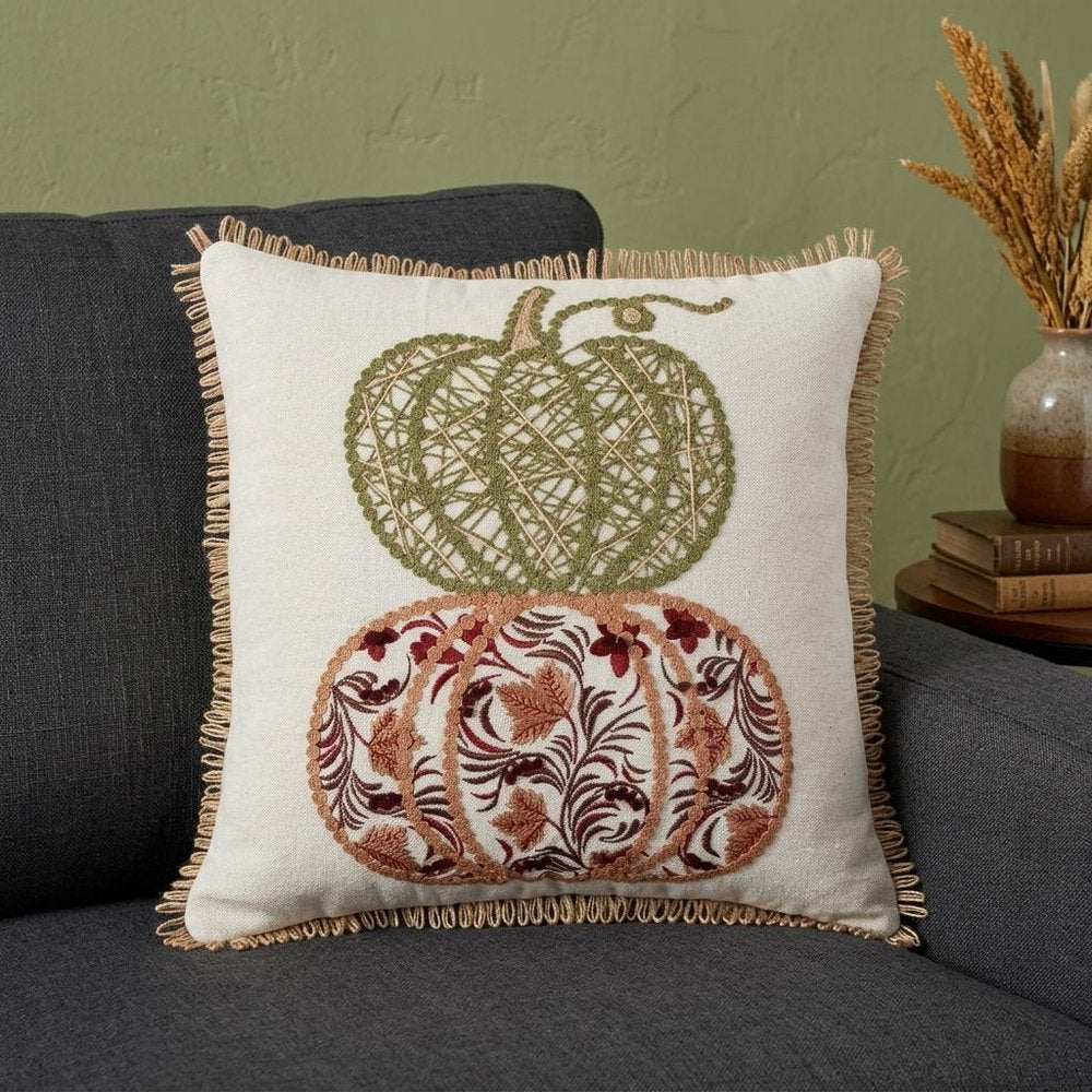 18" Ivory Green And Red Cotton Pumpkins Throw Pillow with Embroidery