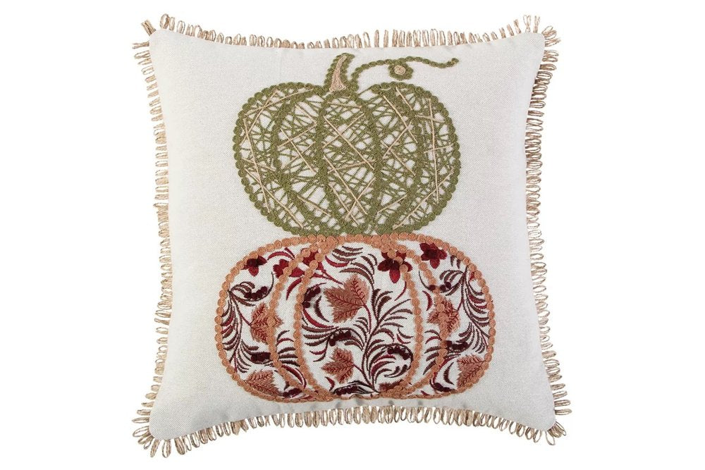 18" Ivory Green And Red Cotton Pumpkins Throw Pillow with Embroidery