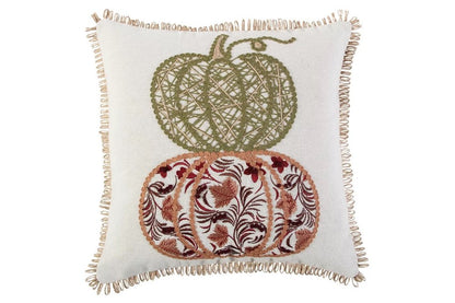 18" Ivory Green And Red Cotton Pumpkins Throw Pillow with Embroidery