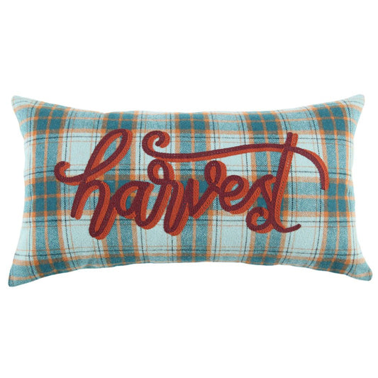 14" X 26" Blue And Orange Harvest Plaid Wool Blend Lumbar Throw Pillow with Embroidery