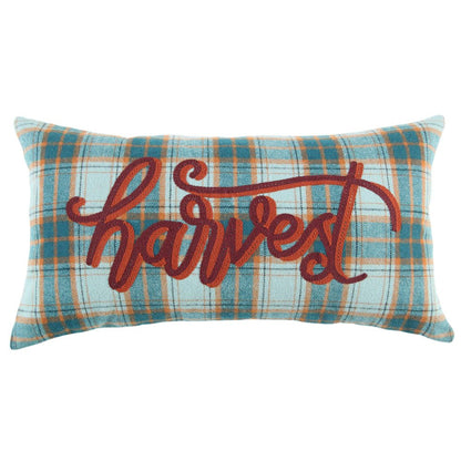 14" X 26" Blue And Orange Harvest Plaid Wool Blend Lumbar Throw Pillow with Embroidery