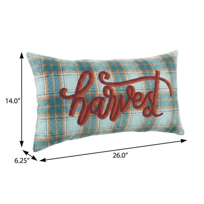 14" X 26" Blue And Orange Harvest Plaid Wool Blend Lumbar Throw Pillow with Embroidery