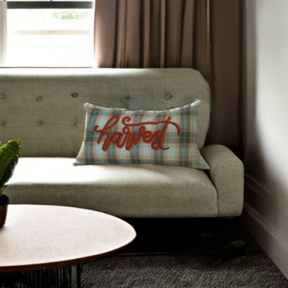 14" X 14" Blue and Orange Thanksgiving Wool Blend Pillow With Embroidery Edges