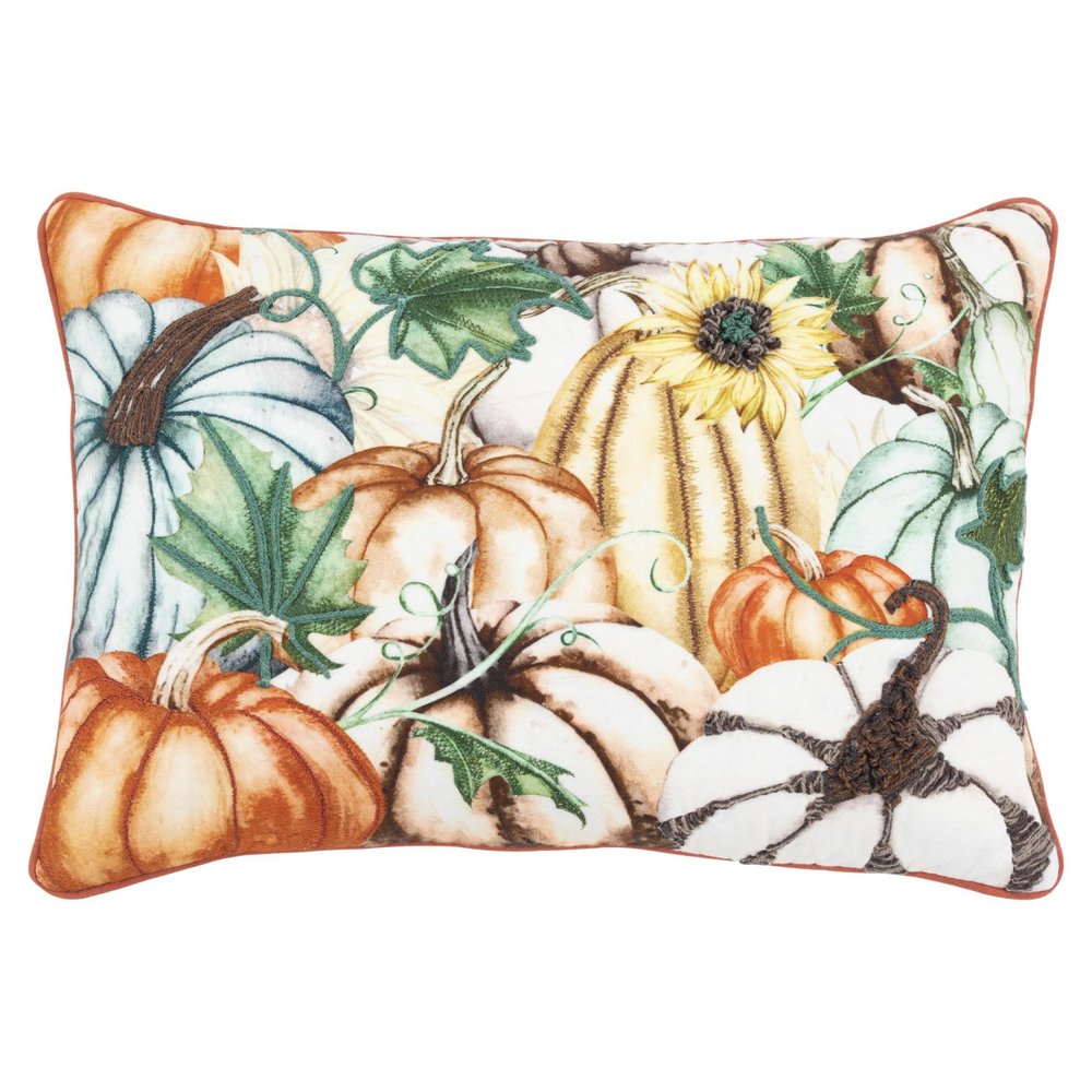 14" X 20" Ivory And Orange Pumpkins Cotton Throw Pillow with Embroidery
